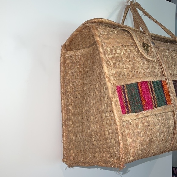 Vintage 1960’s Woven Grasscloth Straw XL Foldover Closure Tote - Picture 3 of 12